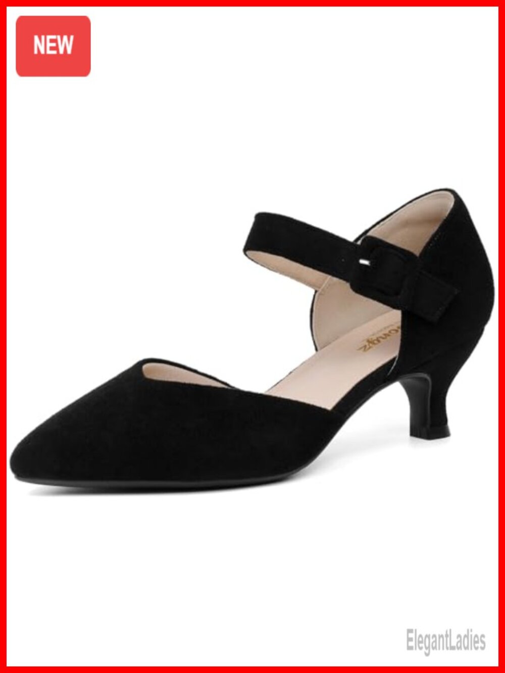 RIBONGZ Women's Kitten Heel Pointed Toe Ankle Strap Buckle Slip On Pumps